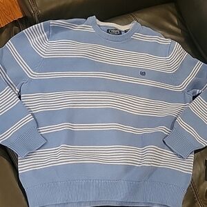 Vintage Chaps Men's Crewneck Sweater in Blue and White Stripes 90s Crest Logo